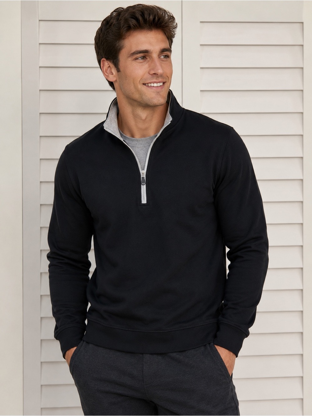 Collars & Co. NWT Heather Cloud Cotton Quarter Zip Black with Gray Trim.